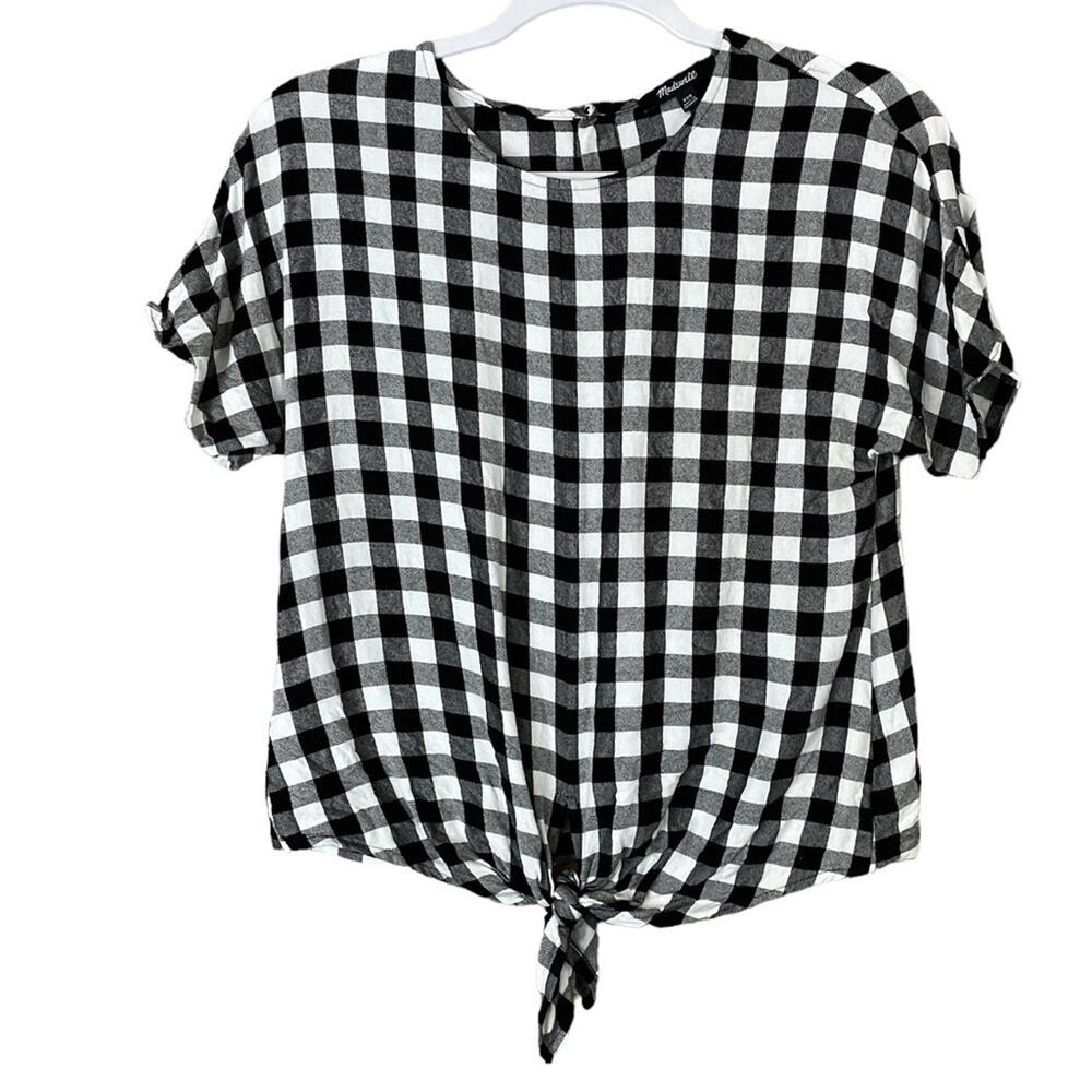 Madewell Button-Back Tie Tee Short Sleeve Top Buffalo Check White Black Size XXS